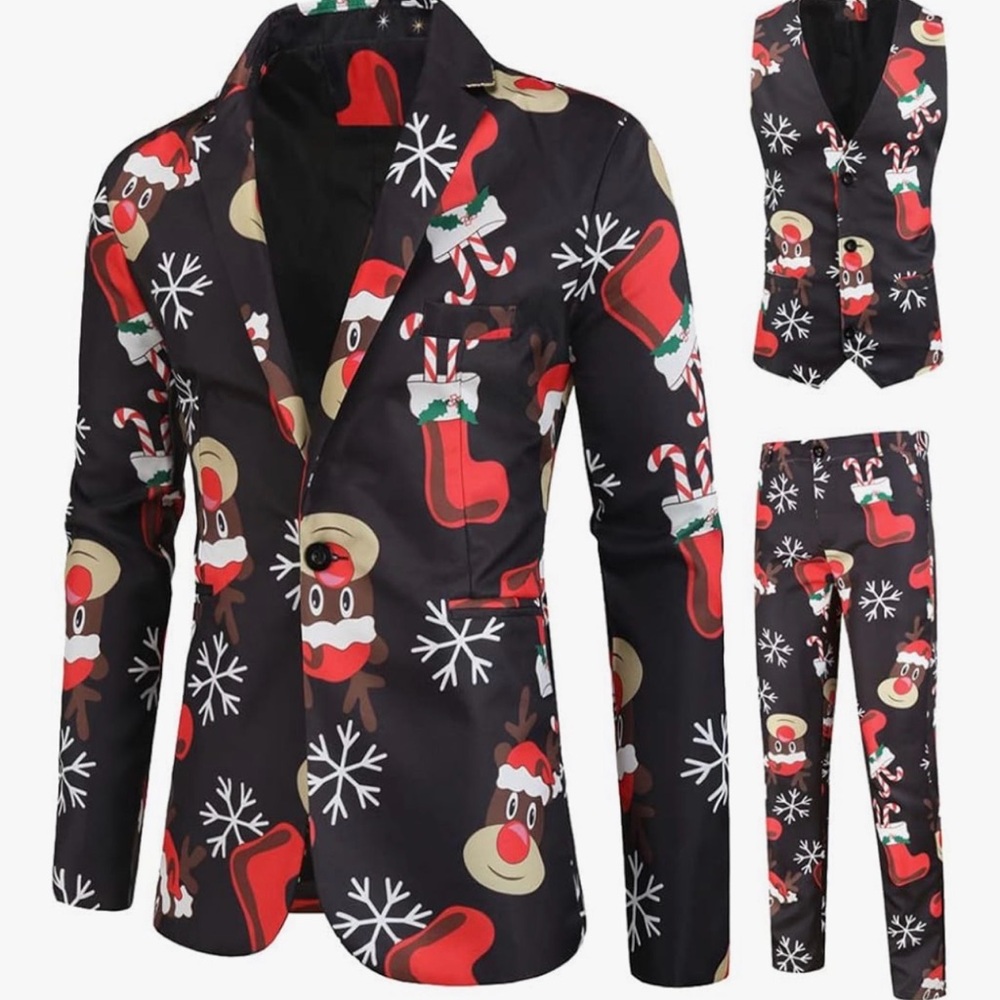 NWT Wisholic 3 piece Festive Black Reindeer Suit Christmas party